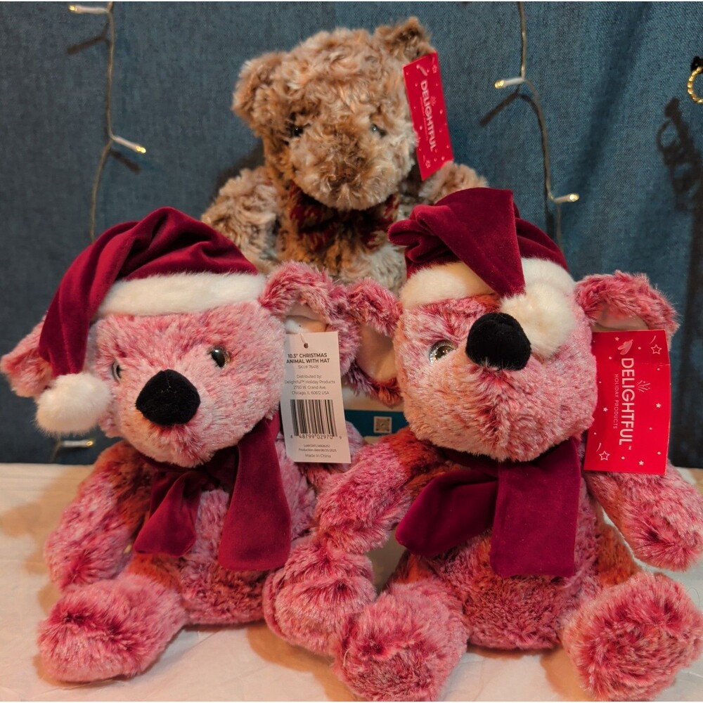 Delightful Holiday Christmas Teddy Bear Plush Lot 3 Pink Brown